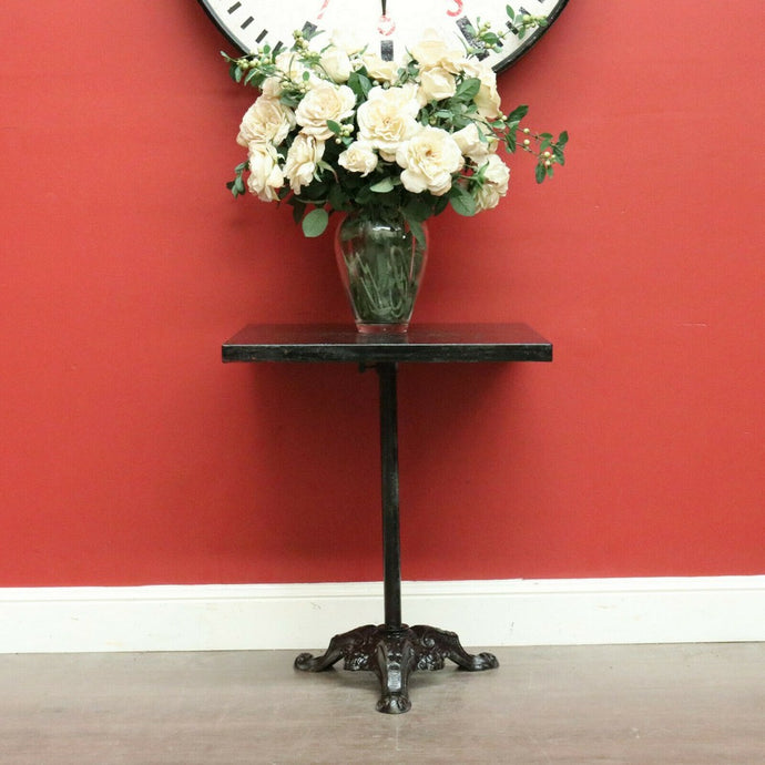 Vintage French Garden Table, Black Painted Cast Iron Base, Square Pub Table