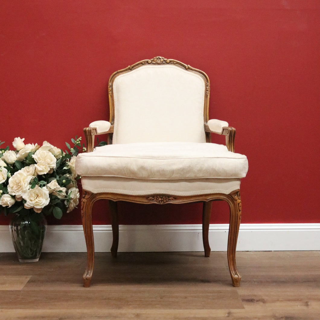 Vintage Oak Louis Style Bergere Single Armchair with Cream fabric and Cushion.
