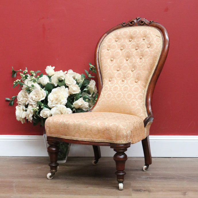 Antique English Grandmother Chair, Walnut Fabric Button Back Ladies Chair, Seat B10992