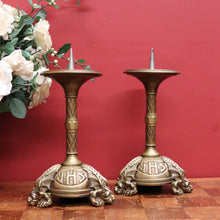 Load image into Gallery viewer, Pair of Antique French Candle Holders, Antique Church Candle Sticks, IHS, Dragon B10765
