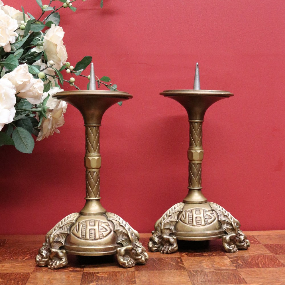 Pair of Antique French Candle Holders, Antique Church Candle Sticks, IHS, Dragon B10765