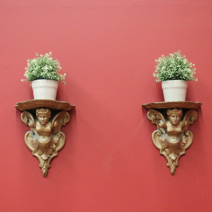 Pair of Antique French Wall Sconces, Gilt Winged Angel Wall Bracket Wall Shelves B10974