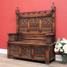 Load image into Gallery viewer, x SOLD Antique French Oak Gothic Hall Seat with Lift Lid Storage, Carved Knights B11200
