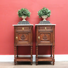 Load image into Gallery viewer, Pair of Antique Bedside Cabinets, French Oak and Marble Lamp Tables B10574
