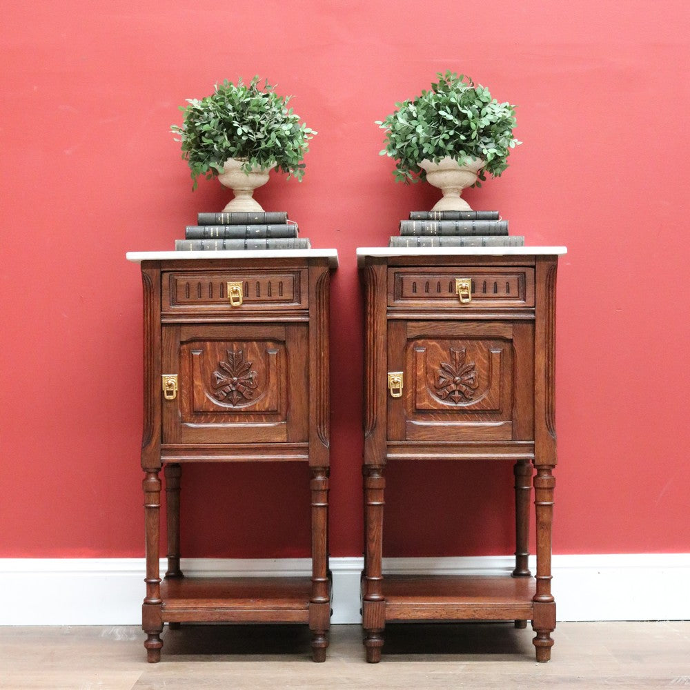 Pair of Antique Bedside Cabinets, French Oak and Marble Lamp Tables B10574