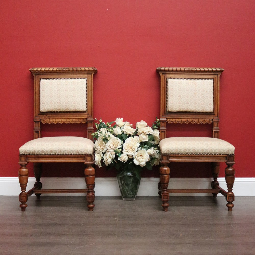 Pair of Chairs, Church Hall Chairs, Antique French Fabric and Walnut Chairs
