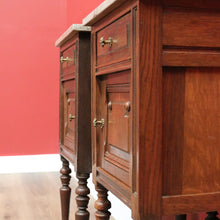 Load image into Gallery viewer, x SOLD Pair of Antique French Bedside Tables, French Oak and Marble Top Lamp Tables B10774
