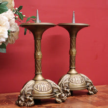 Load image into Gallery viewer, x SOLD Pair of Antique French Candle Holders, Antique Church Candle Sticks, IHS, Dragon B10765
