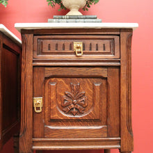 Load image into Gallery viewer, x SOLD Pair of Antique Bedside Cabinets, French Oak and Marble Lamp Tables B10574
