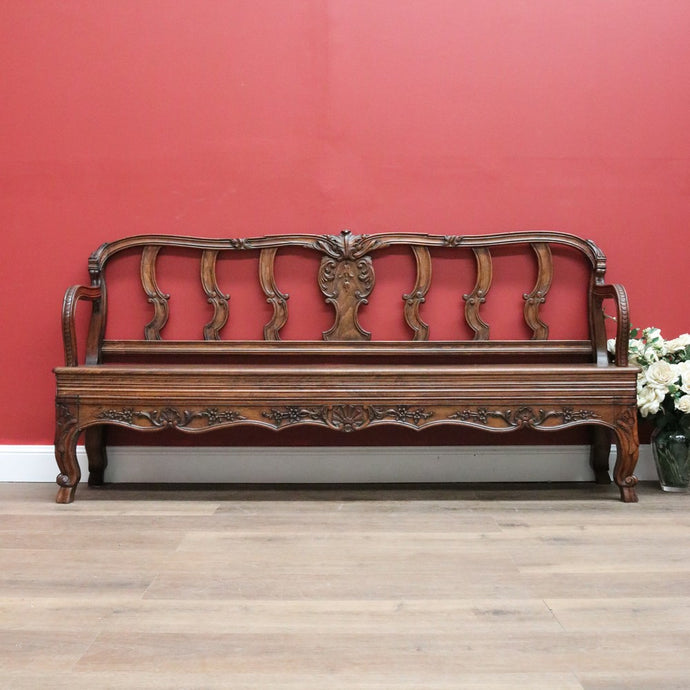 Antique French Oak Hall Seat, Entry Slat Back Chair Bench Seat Chair Settle B10654