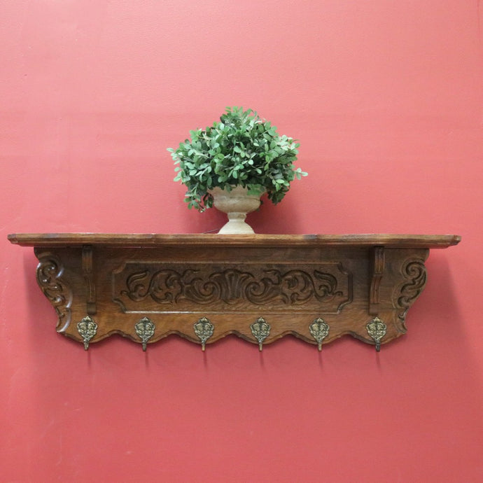 Vintage French Oak Coat Rack with 6 Original Brass Coat Hooks, Ready to Hang B10496