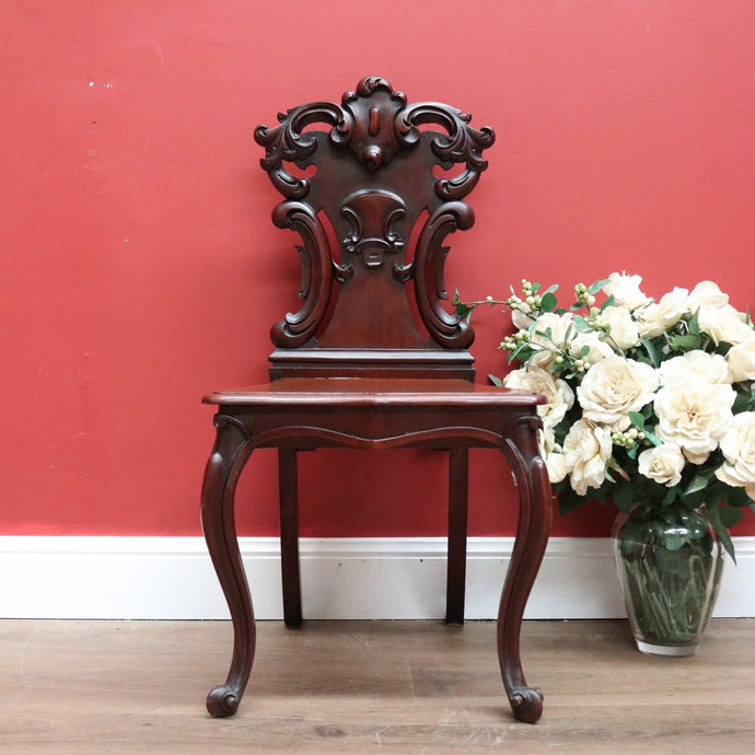 Antique English Mahogany Hall Chair, Church, Foyer Chair with Carved Back B10720