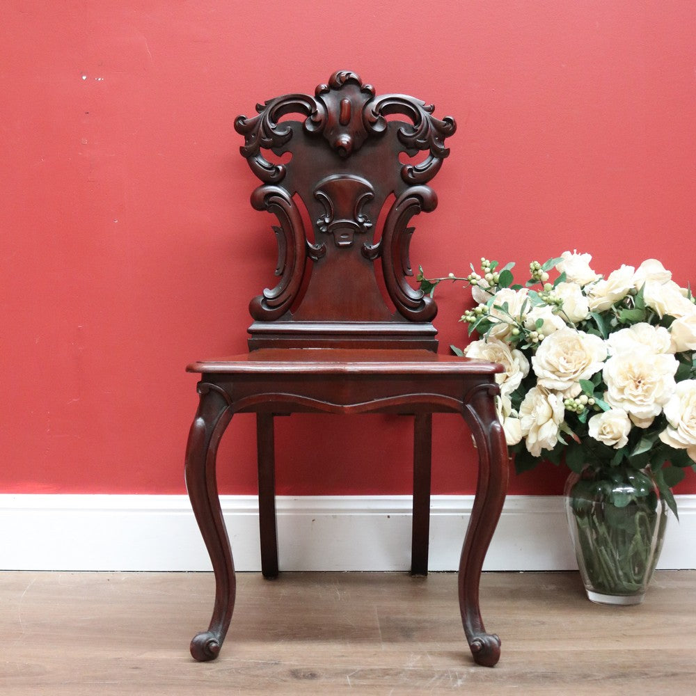 Antique English Mahogany Hall Chair, Church, Foyer Chair with Carved Back B10720