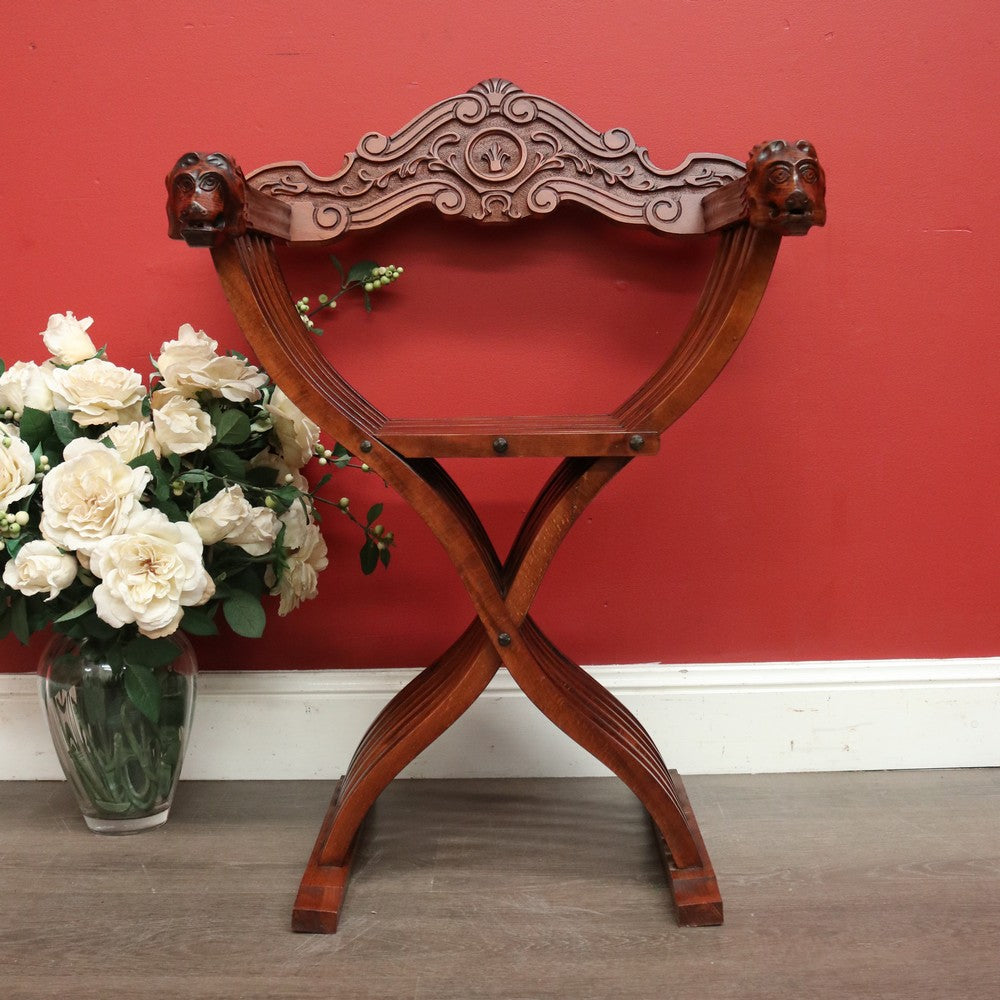 Vintage French X Frame Hall Chair, Carved Savonarola Cross Frame Office Chair