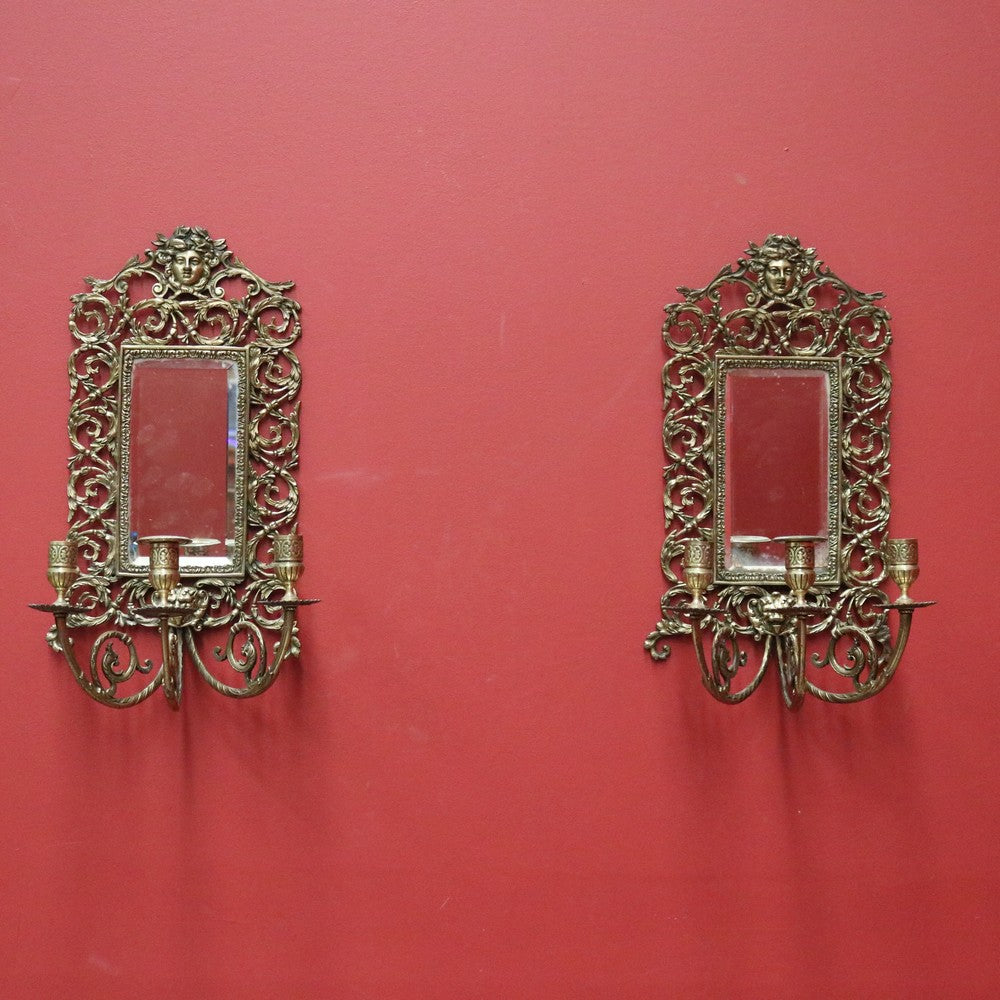 x SOLD Pair of Antique French Brass and Mirror Girandoles, Candle Holders, Wall Sconces B11241