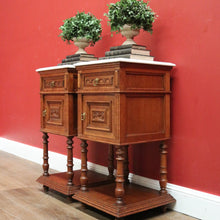 Load image into Gallery viewer, x SOLD Antique French Bedside Tables, Oak and Marble Lamp Table, Lamp Bedside Cabinets B11130
