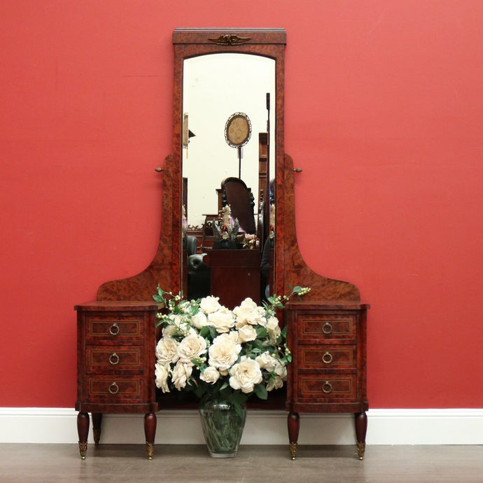 Antique French Burr Walnut Dressing Table, Twin Pedestal Mirror Dressing Table
