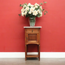 Load image into Gallery viewer, Antique Bedside Table, French Oak and Marble Lamp Table with Tunbridge Ware B10451
