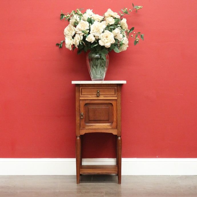 Antique Bedside Table, French Oak and Marble Lamp Table with Tunbridge Ware B10451