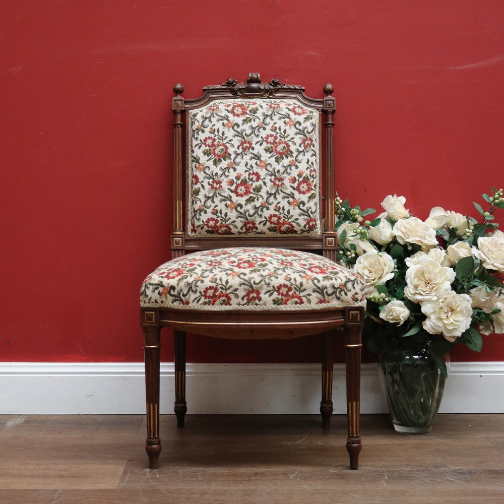 Antique French Chair, Hall bedroom Chair, Walnut & Gilt Frame Rust Amber Flowers B11189