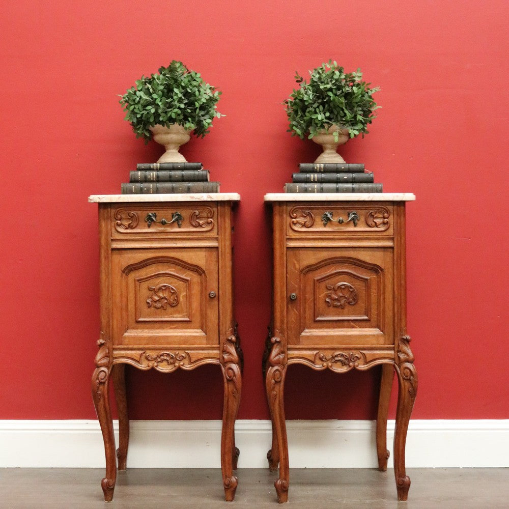 Antique French Bedside Tables, Pair of Lamp Side Table, Cabinets with Marble Top B10299
