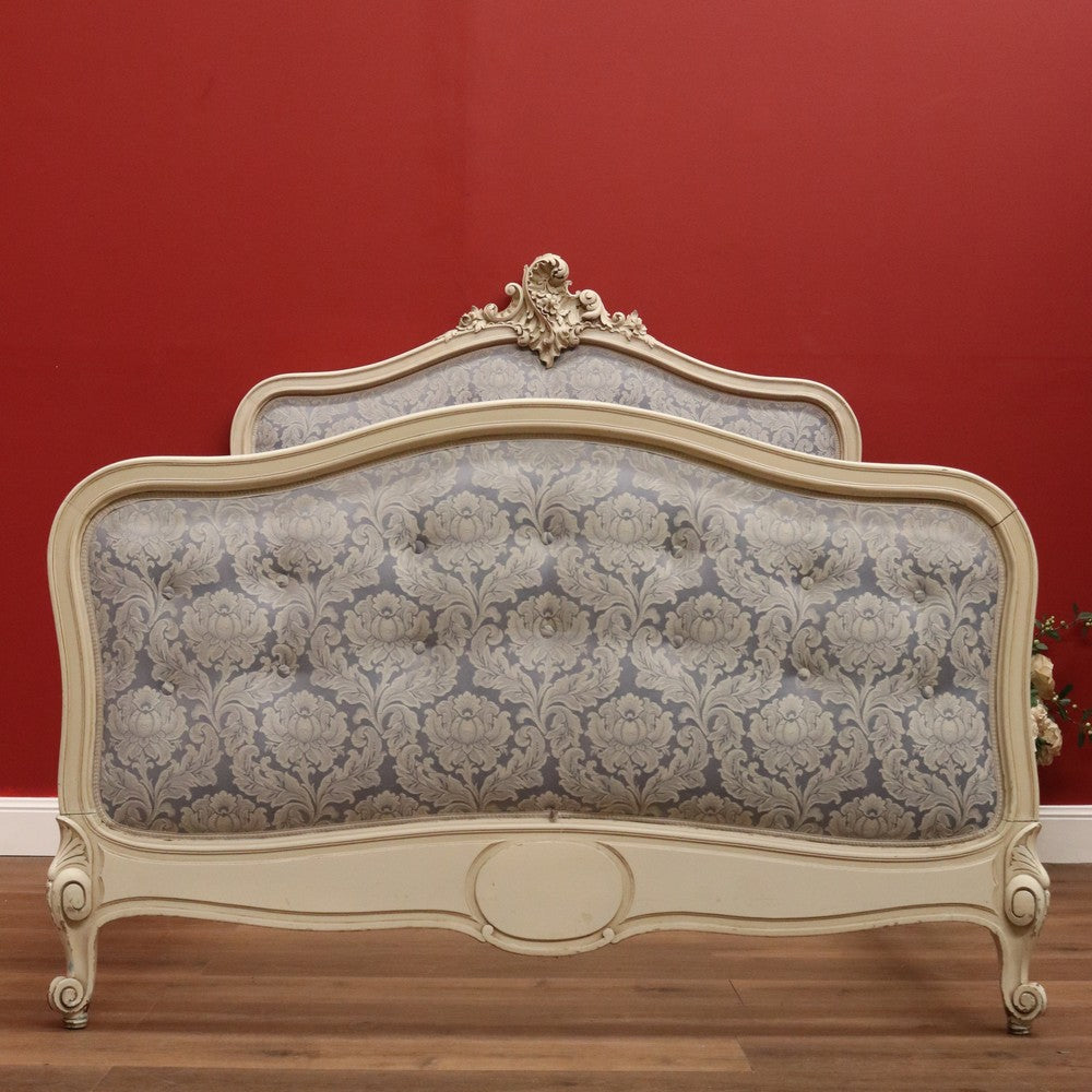 Antique French Painted Double Bed, Padded Buttoned Headboard and Foot Bed B10764