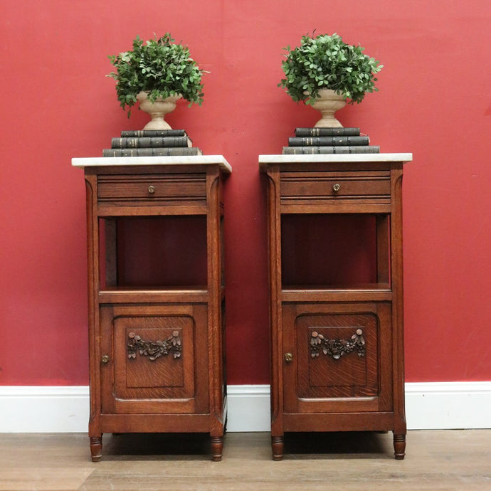 Antique Bedside Tables, French Oak and Marble Lamp Table, Side Tables, Bedsides B10880