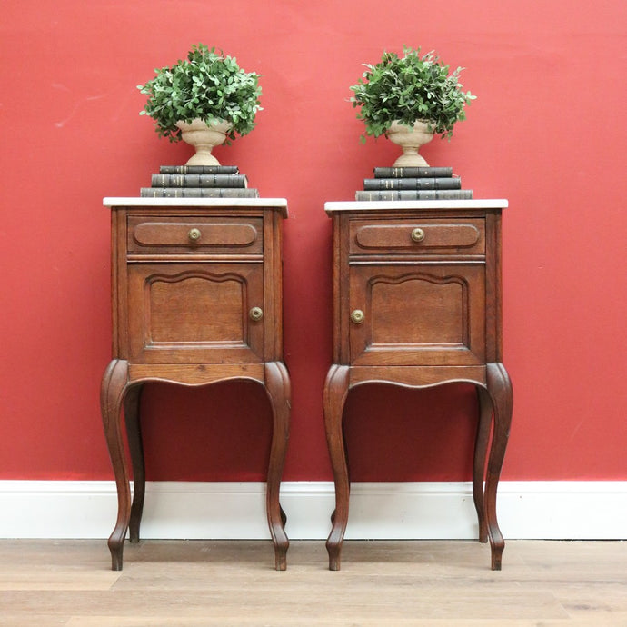 Antique French Bedside Cabinets, Oak and Marble Bedside Tables, Lamp Side Tables B10551