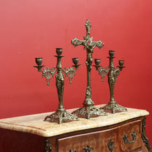 Load image into Gallery viewer, x SOLD Antique French Brass Church Altar Cross Crucifix Trio with Candle Stick Holders B10547
