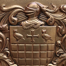 Load image into Gallery viewer, x SOLD Antique French Brass Ipad Magazine Holder, French Coat of Arms Kindling Basket. B10334
