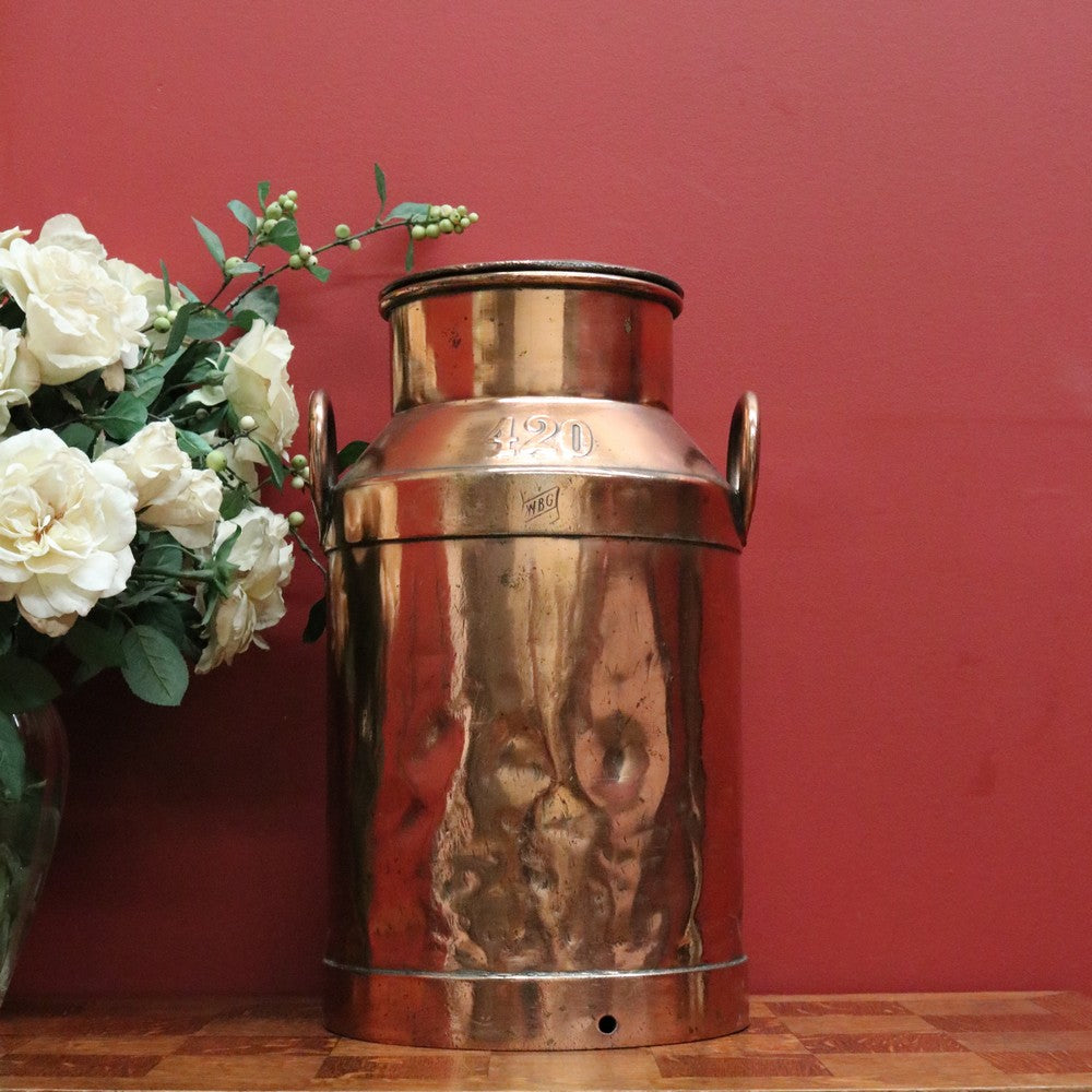 Vintage Copper Milk Can and Lid, Umbrella Holder, Stamped WBG 420. Door Stop B10757