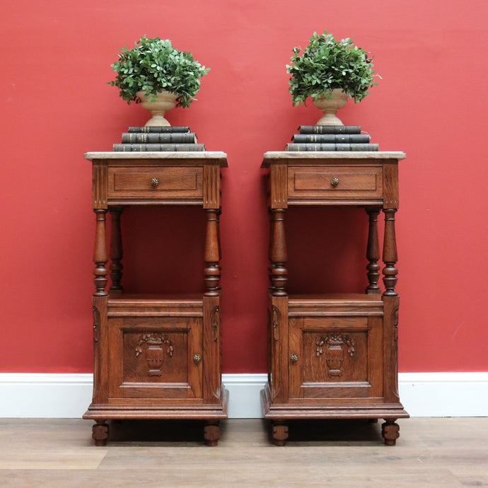 Pair of French Bedside Tables, Antique Marble Top Oak Lamp Side Tables B10555