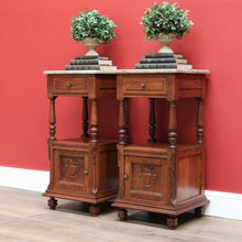 Load image into Gallery viewer, x SOLD Pair of French Bedside Tables, Antique Marble Top Oak Lamp Side Tables B10555

