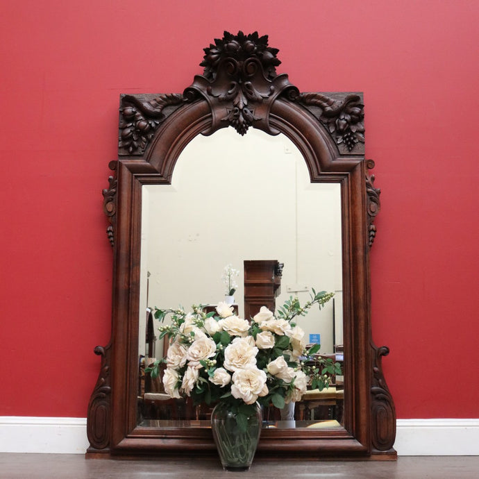 Antique French Oak Mirror, Overmantle Mirror, Bevelled Edge Hall Mirror B10086