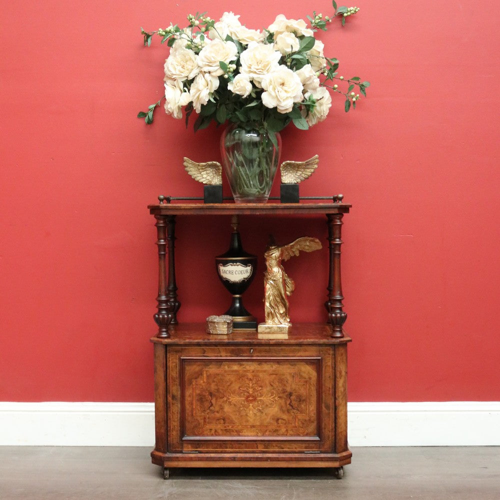 Antique English Music Canterbury, Burr Walnut Inlay Lamp Cabinet, File Cupboard