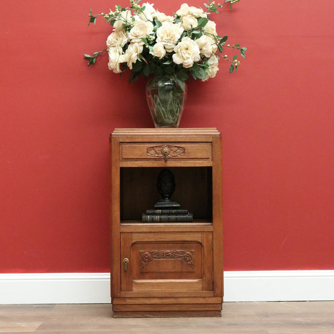 Antique French Lamp Cabinet, Oak and Brass Bedside Table, Lamp Side Table Drawer B10627