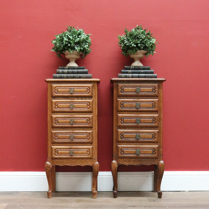 Pair of French Oak Bedside Tables, 5 Drawer Lamp Table, Hall or Side Table B10655