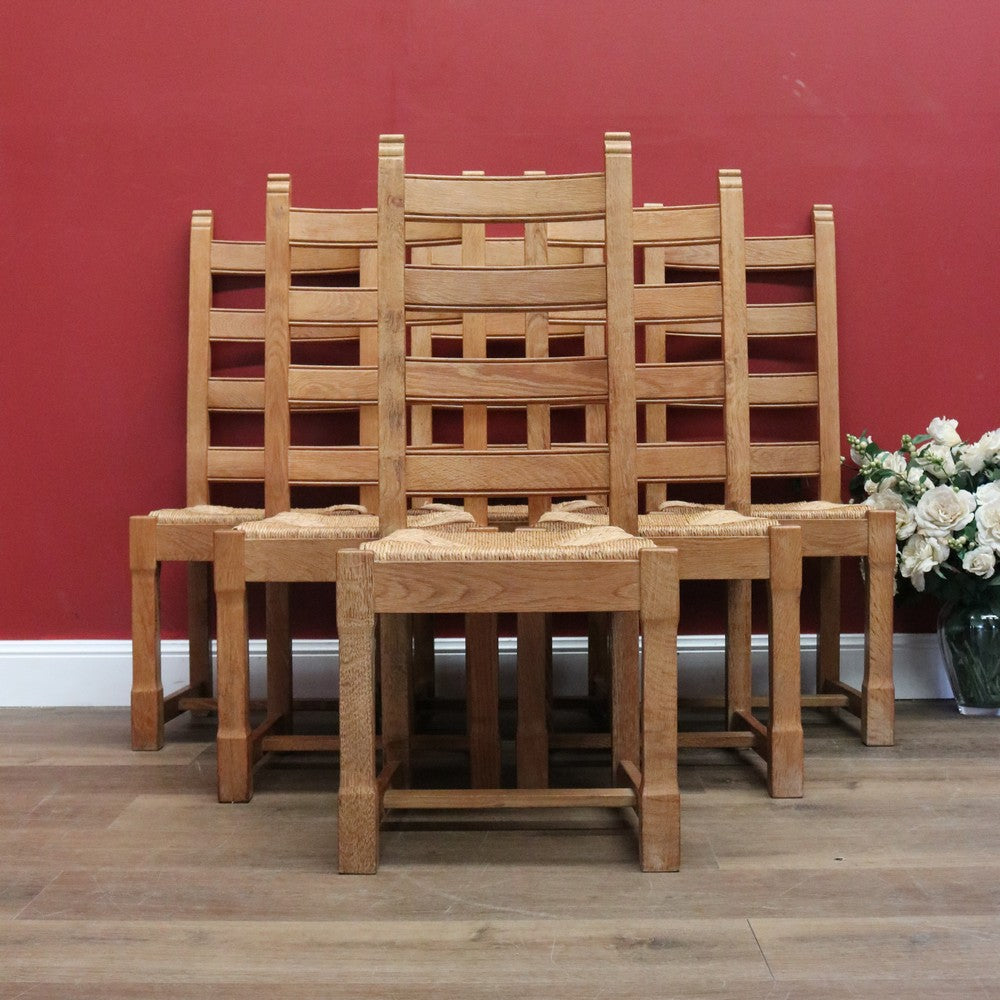 Set of 6 Dining Chairs, Antique French Oak Ladder Back Kitchen Chairs, Rush Seat B10937
