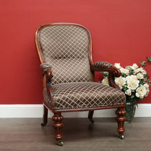 Load image into Gallery viewer, Antique English Oak Grandfather Arm Chair Antique Oak and Fabric Scroll Armchair
