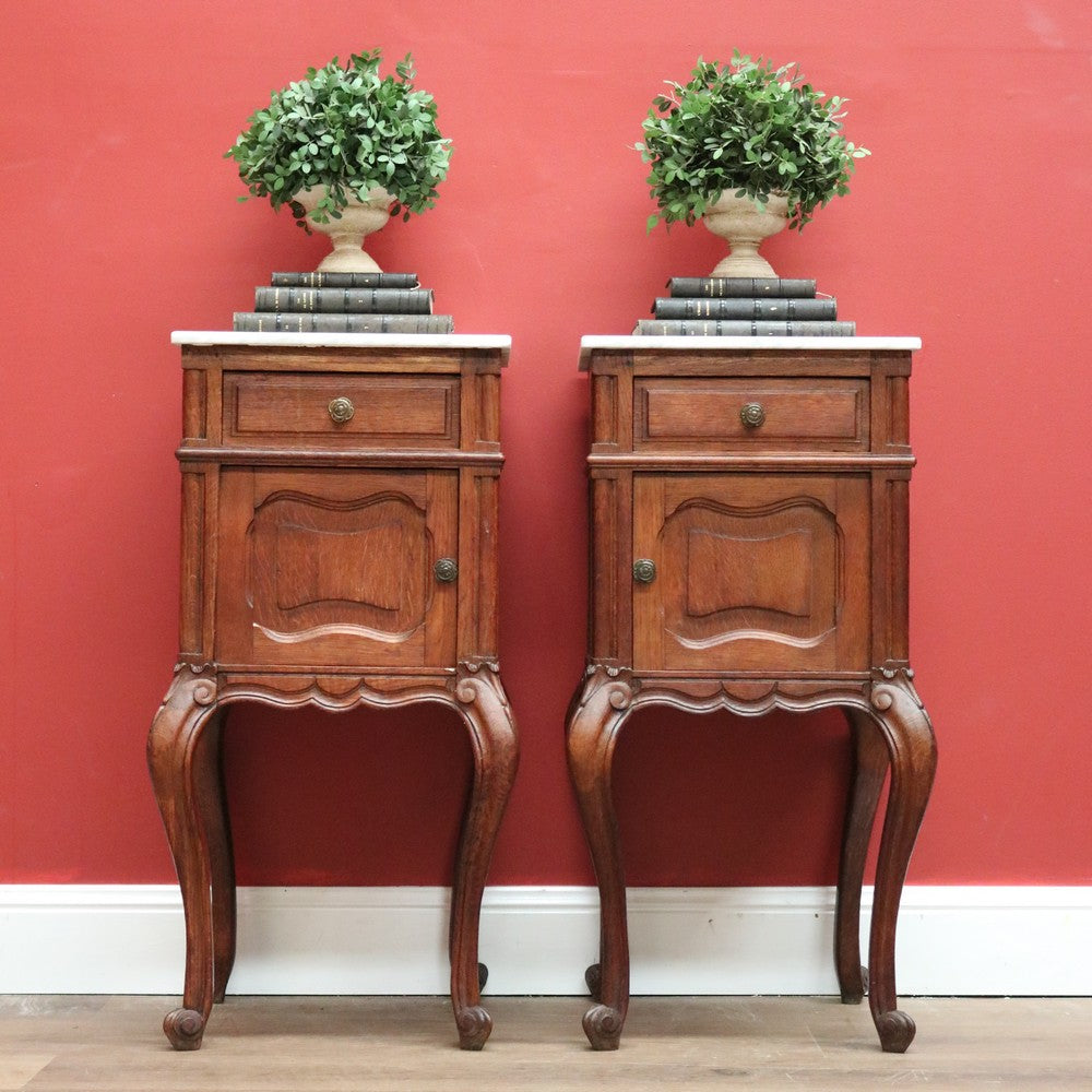 Bedside Tables, Antique French Oak and Marble Bedside Cabinets, Lamp Table B10550