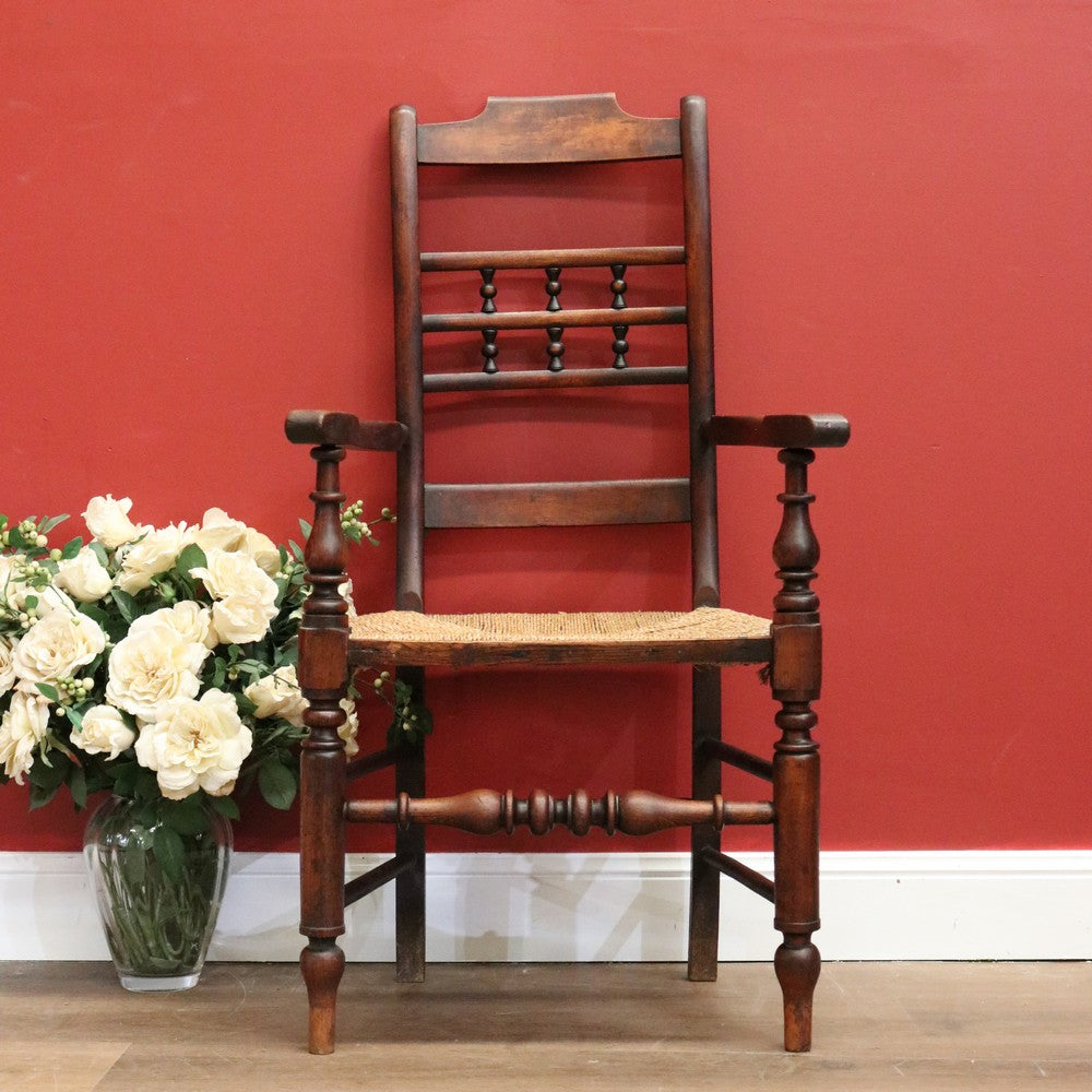 Antique French Oak and Rush Seat Armchair, Hall Chair, Verandah Chair B10681