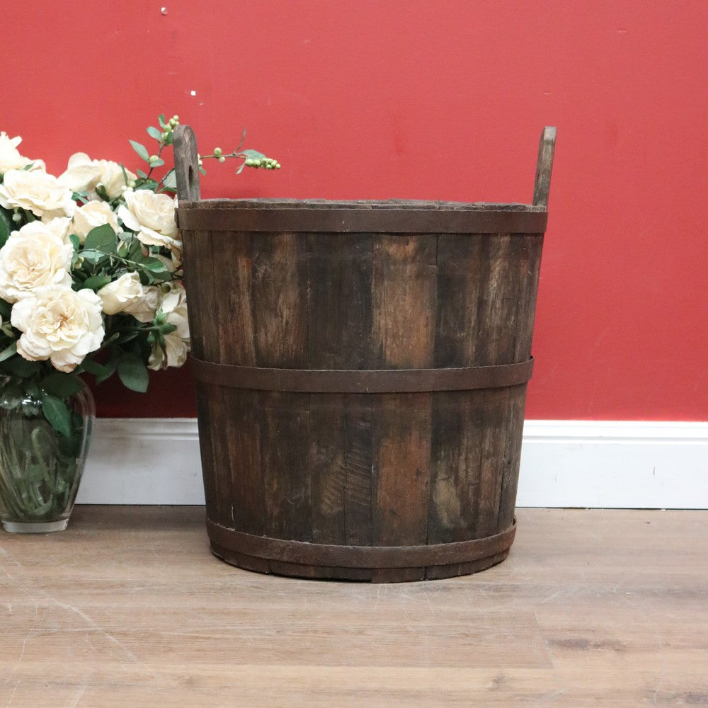 x SOLD Antique French Oak Fire Wood Bucket or Bin, Metal Bound Grape Bin, Wine Barrel B11192