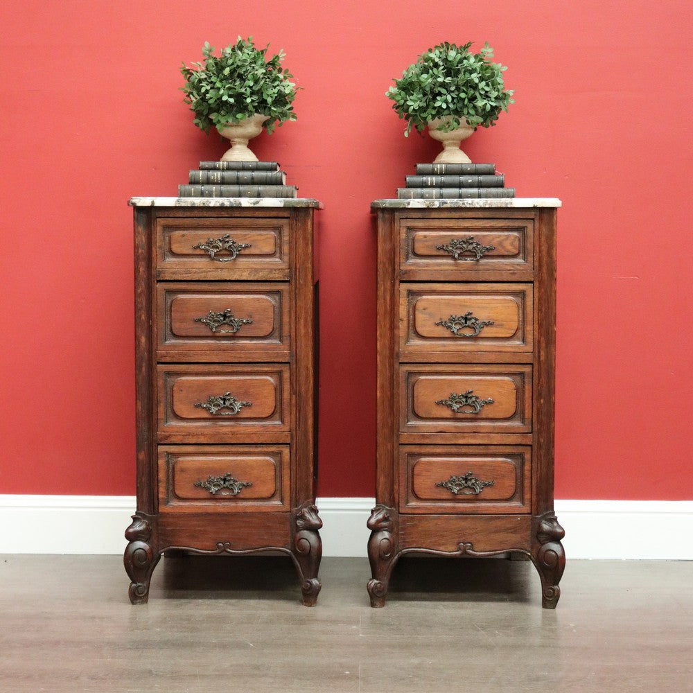 Pair of Antique French Bedside Tables, 4 Drawer Cabinets, Lamp Tables Marble Oak. B10526