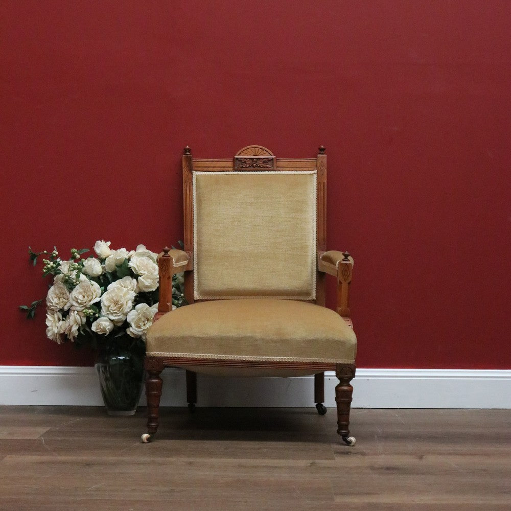 Antique English Grandfather Chair, Antique English Walnut and Fabric Armchair B10791
