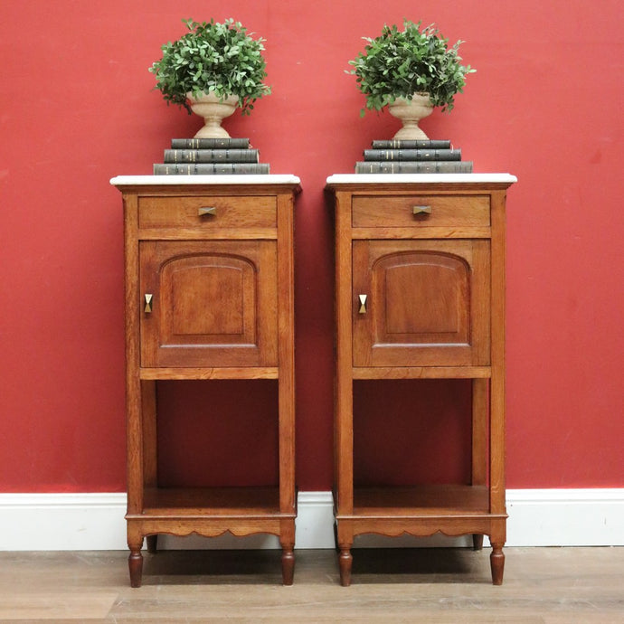 Pair of Antique French Bedside Tables, Art Deco Oak, Marble Top Lamp Side Table B10963