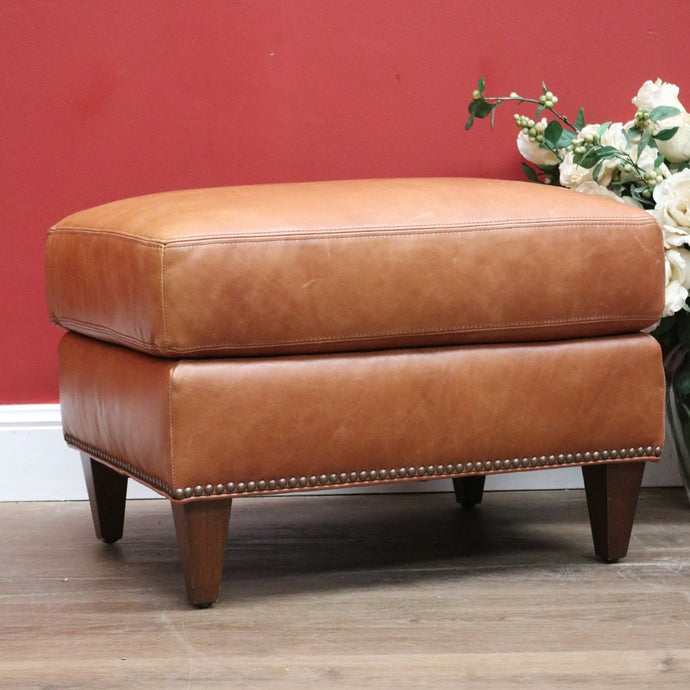 Coco Republic Tan Leather Ottoman, Footstool, Ford Studded Ottoman Brown Birch B11006