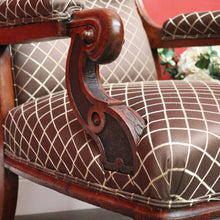 Load image into Gallery viewer, x SOLD Antique English Oak Grandfather Arm Chair Antique Oak and Fabric Scroll Armchair. B10437
