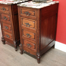 Load image into Gallery viewer, x SOLD Pair of Antique French Bedside Tables, 4 Drawer Cabinets, Lamp Tables Marble Oak. B10526
