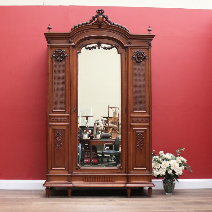 Antique French Wardrobe, Walnut and Cane Armoire with Bevelled Mirror Door & Key B11116
