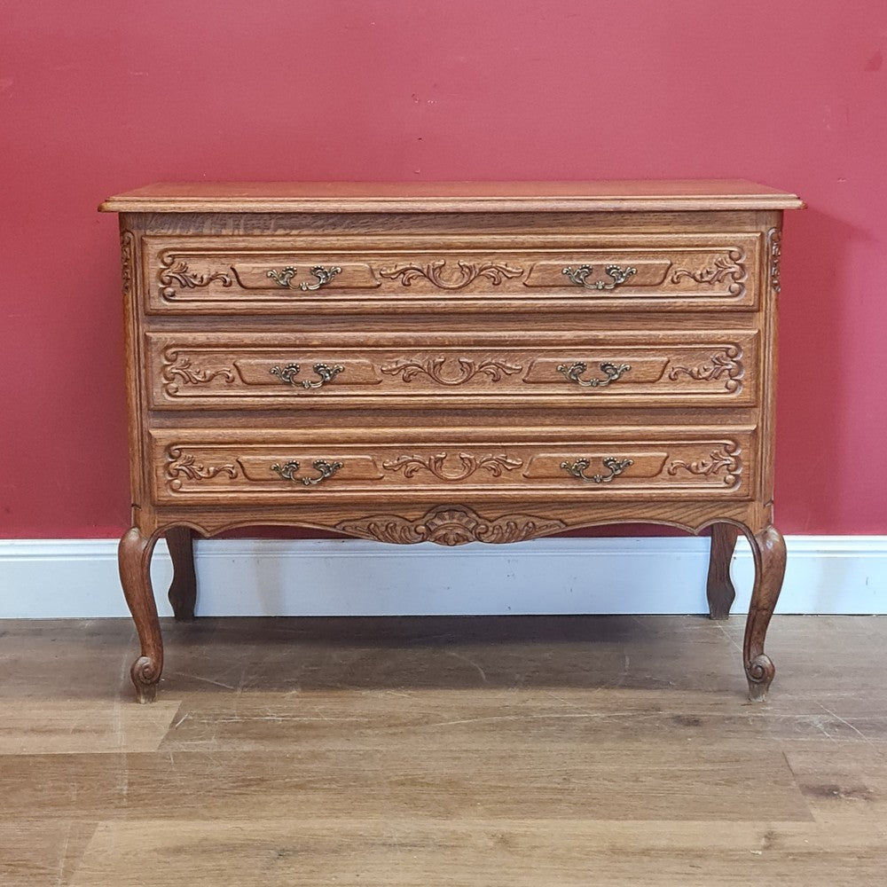 x SOLD Vintage French Oak Carved fronts Chest of Drawers, three drawers with brass handles